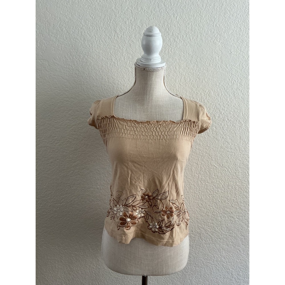 Self Esteem Girls Top Medium Tan Smocked Square Neck Floral Embroidered Y2K Cap
